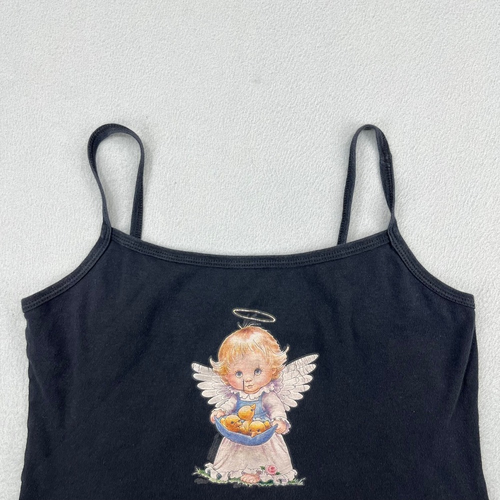 Vintage Y2K Black Cherub Angel Graphic Camisole Spaghetti Strap Tank Top XL - Picture 2 of 11